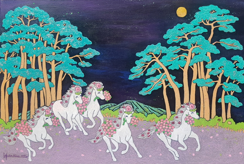 5. 꽃향기 날리다/ 어두운 밤이나 어려운 시기이어도 밝은 희망으로 달리는 말들의 기개를 표현함