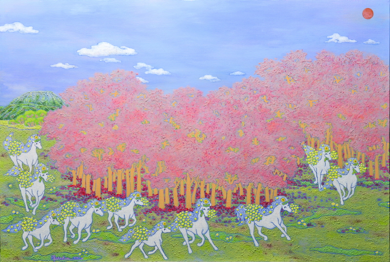 6. 항파두리-빚살나무 숲/  가을의 분홍빛으로 물드는 빚살나무 숲 전체를 사랑과 행복의 환상적 이미지로 표현함 