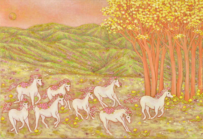 1. 꽃향기 날리며1/ 봄날-숲을 달리는 말들의 등에 꽃을 장식하여 희망을 표현함 