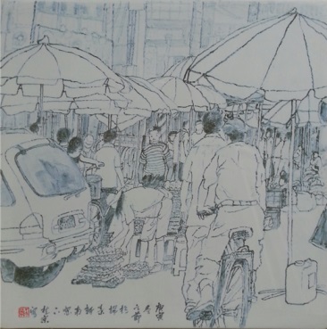 불로시장- 재래시장인 불로시장의 활기찬  광경을 현장 스켓치 작업후 작품화했다.