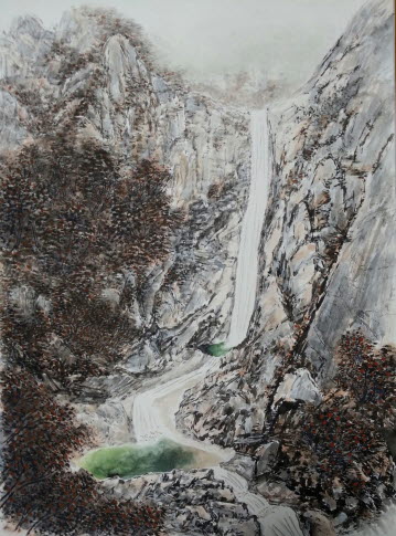 구룡폭-이미지화 작업할때가 많지만  사진을 참고로 작업할때도있다.  금강산 구룡폭포의 가을풍경을 그린 수묵담채화 이다.