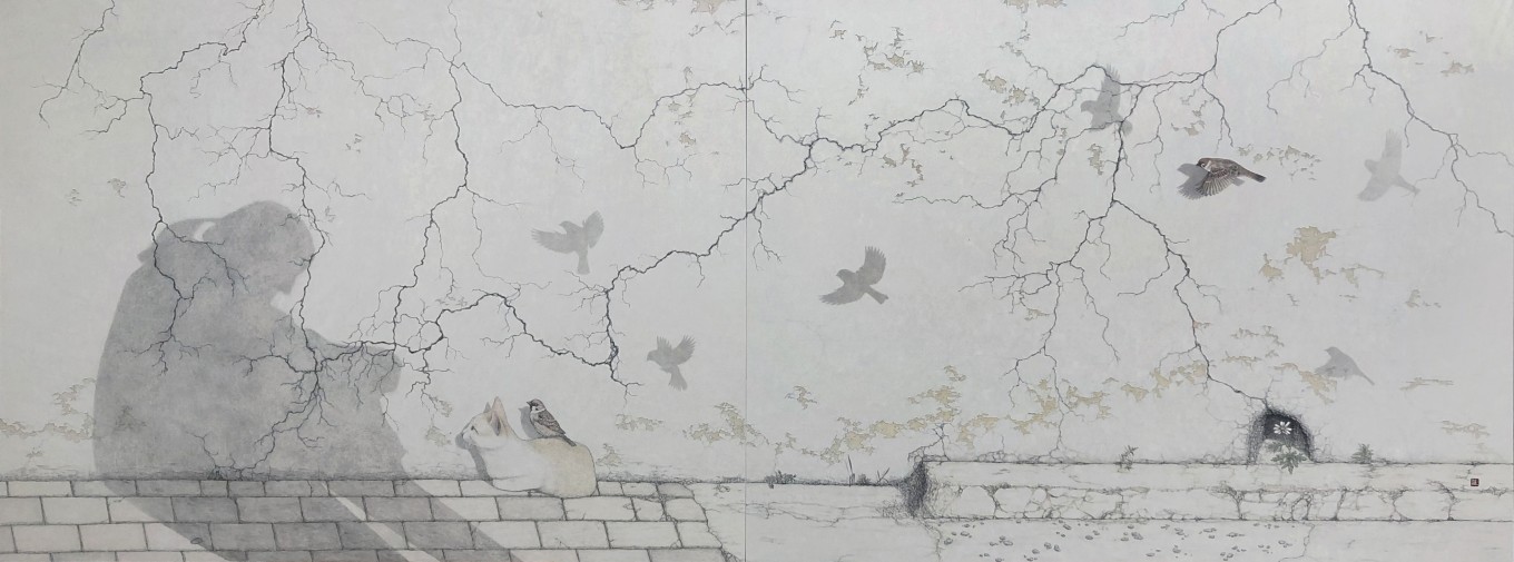 自畵 23-06. 담-벼락, 순지에 수묵담채, 290.9x112.1cm, 2023