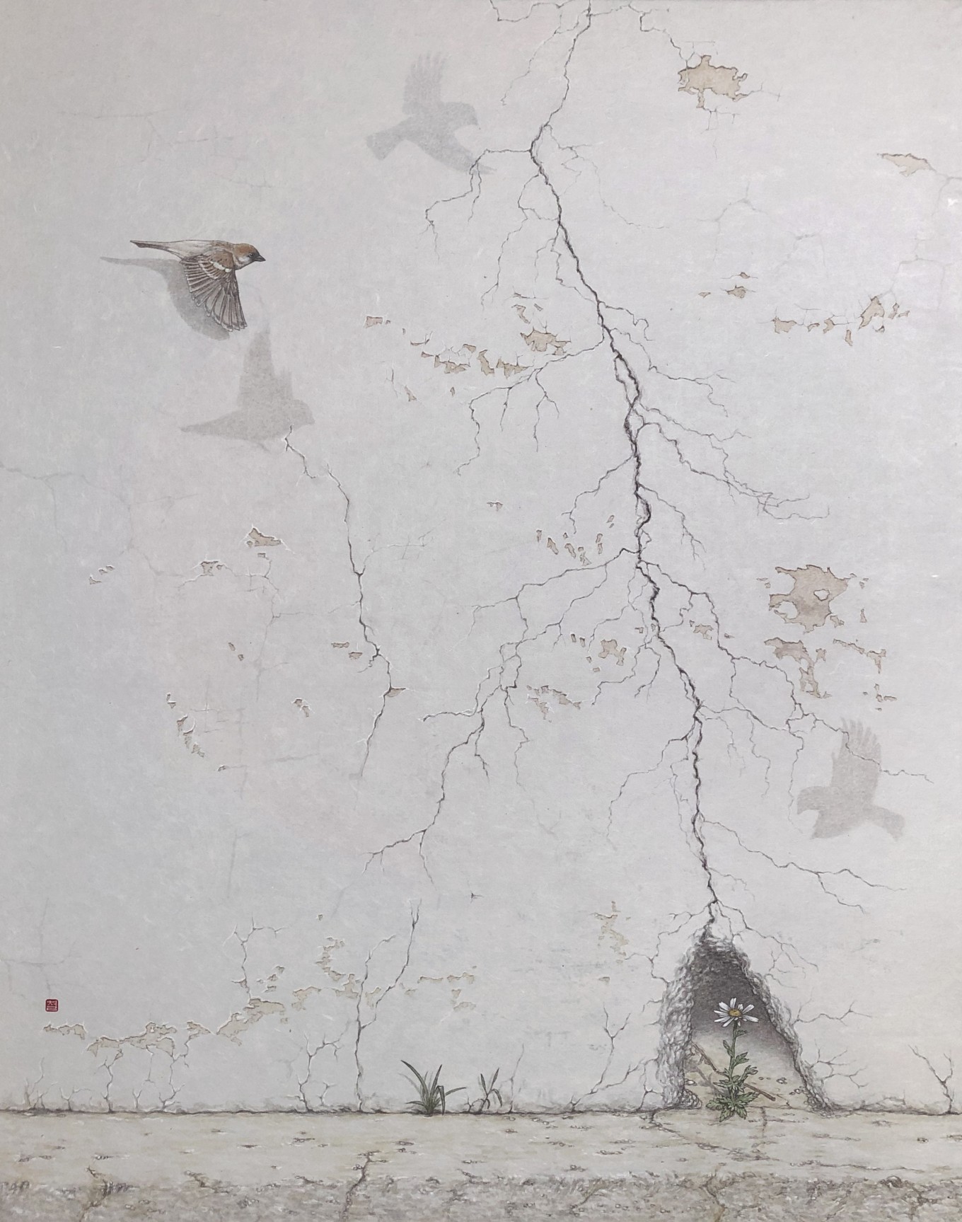 自畵 23-03. 담벼락-피뢰, 순지에 수묵담채, 72.5x90.5cm, 2023